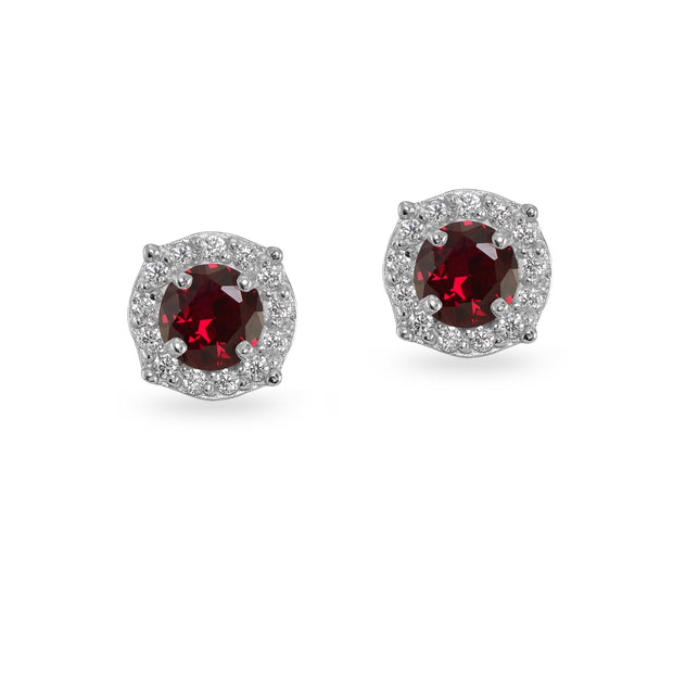 Sterling Silver Created Ruby & White Topaz 5mm Round Halo Stud Earrings