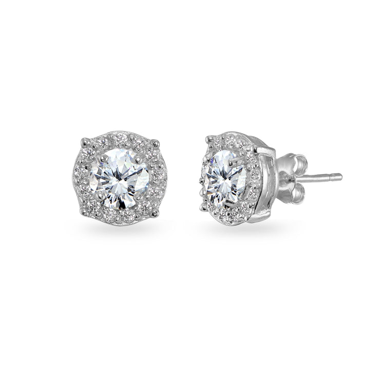 Sterling Silver Cubic Zirconia 5mm Round Halo Stud Earrings