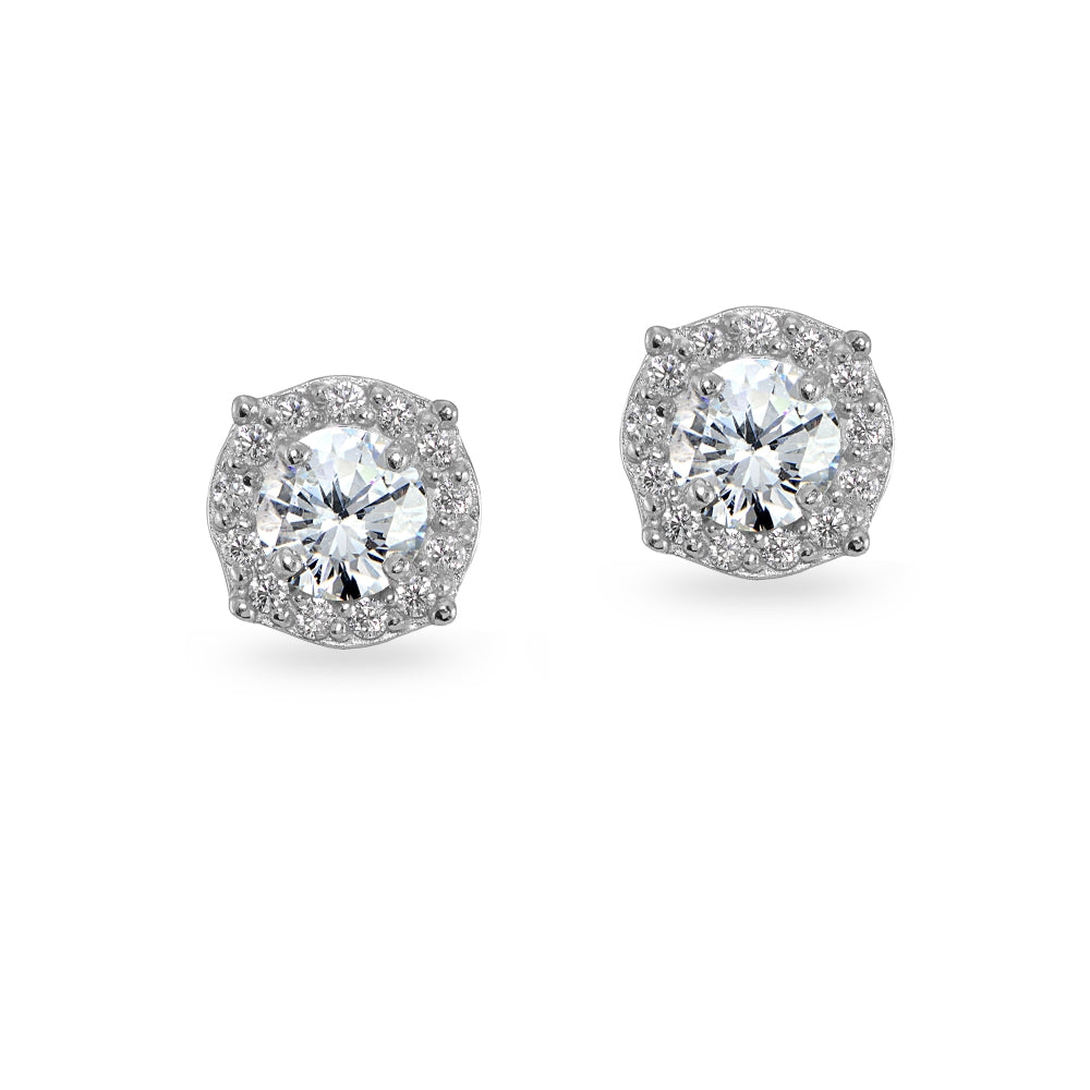 Sterling Silver Cubic Zirconia 5mm Round Halo Stud Earrings-2
