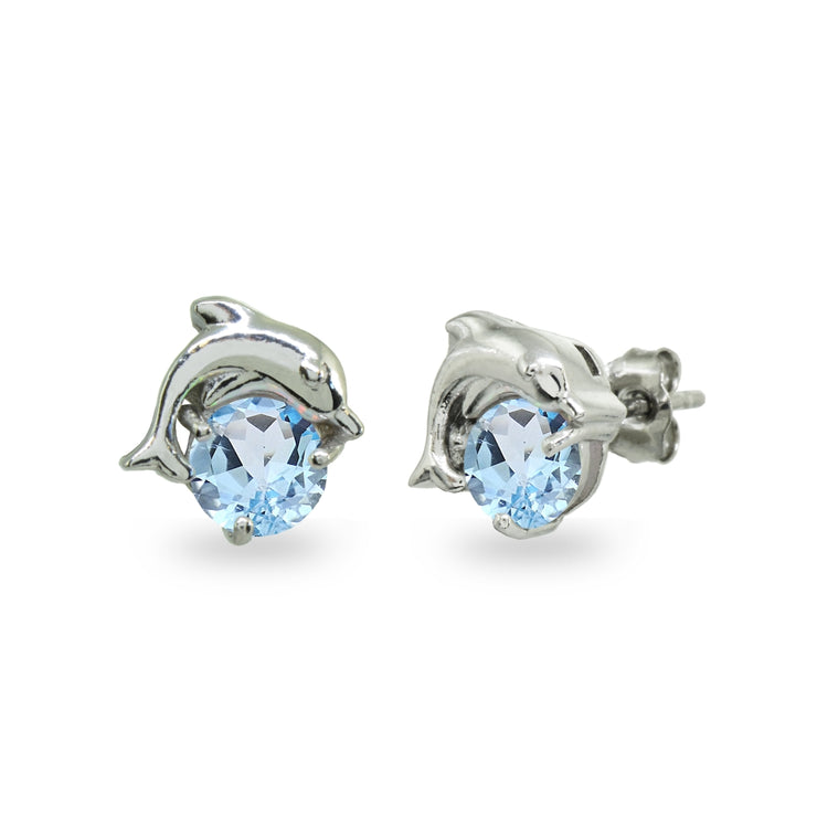 Sterling Silver Blue Topaz Round 5mm Polished Dolphin Stud Earrings