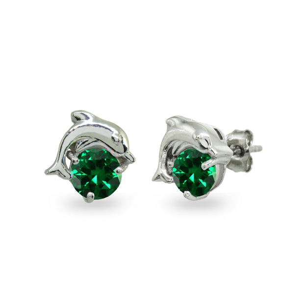 Sterling Silver Simulated Emerald Round 5mm Polished Dolphin Stud Earrings