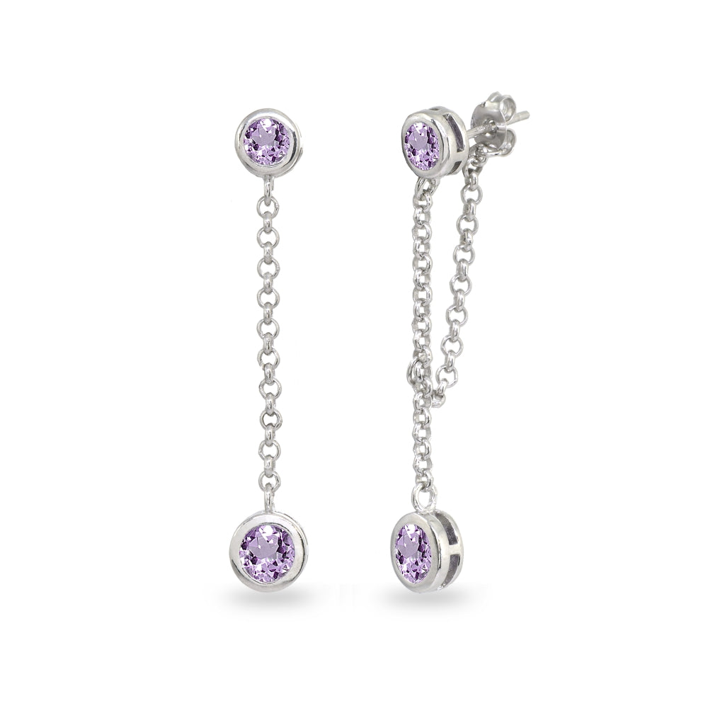 Sterling Silver Amethyst Round Two Stone Bezel-Set Chain Drop Dangle Earrings