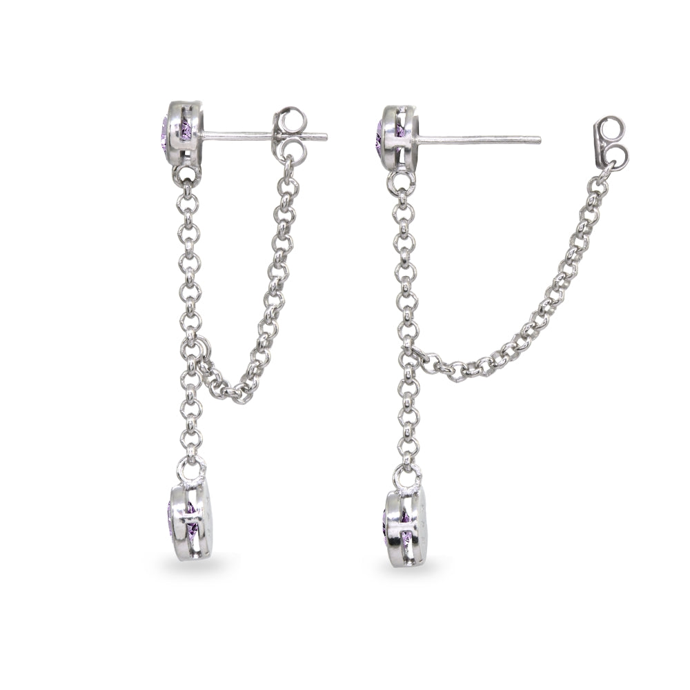 Sterling Silver Amethyst Round Two Stone Bezel-Set Chain Drop Dangle Earrings-2