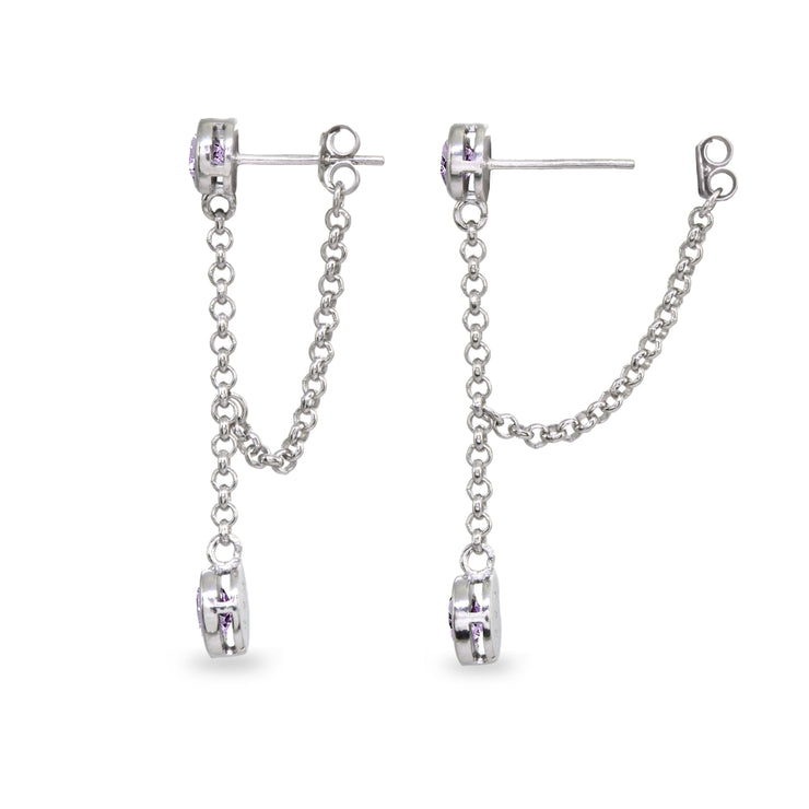 Sterling Silver Amethyst Round Two Stone Bezel-Set Chain Drop Dangle Earrings