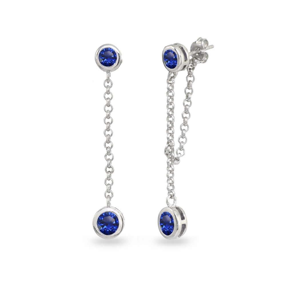 Sterling Silver Created Blue Sapphire Round Two Stone Bezel-Set Chain Drop Dangle Earrings