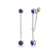 Sterling Silver Created Blue Sapphire Round Two Stone Bezel-Set Chain Drop Dangle Earrings