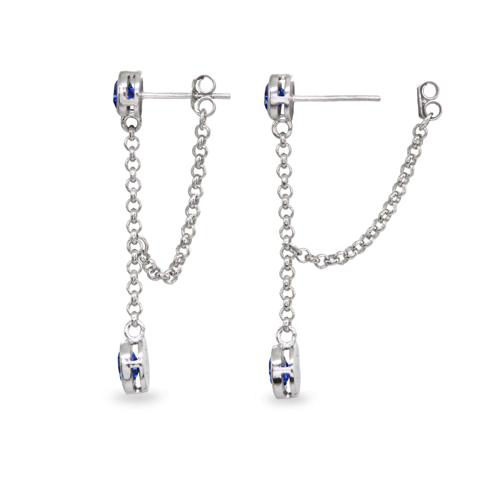 Sterling Silver Created Blue Sapphire Round Two Stone Bezel-Set Chain Drop Dangle Earrings-2