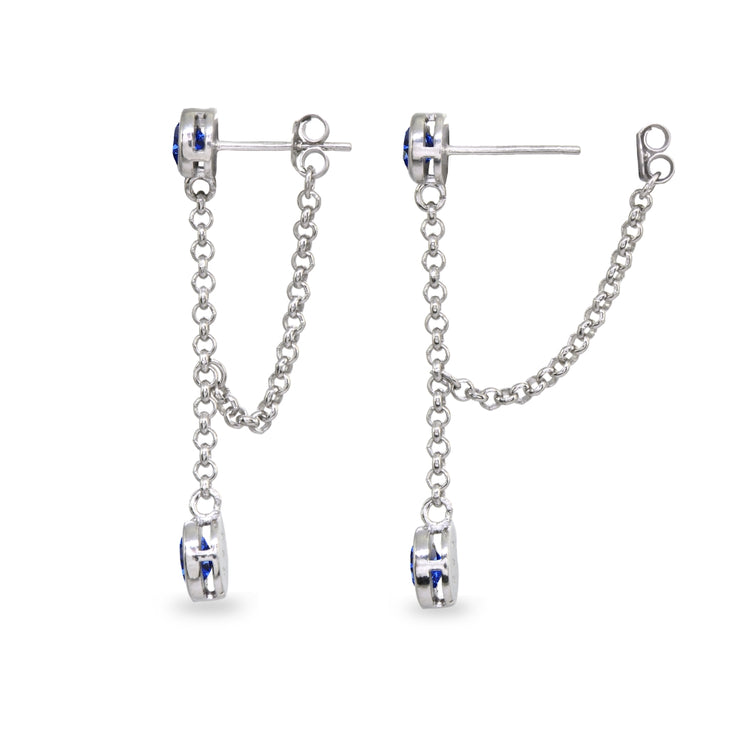 Sterling Silver Created Blue Sapphire Round Two Stone Bezel-Set Chain Drop Dangle Earrings