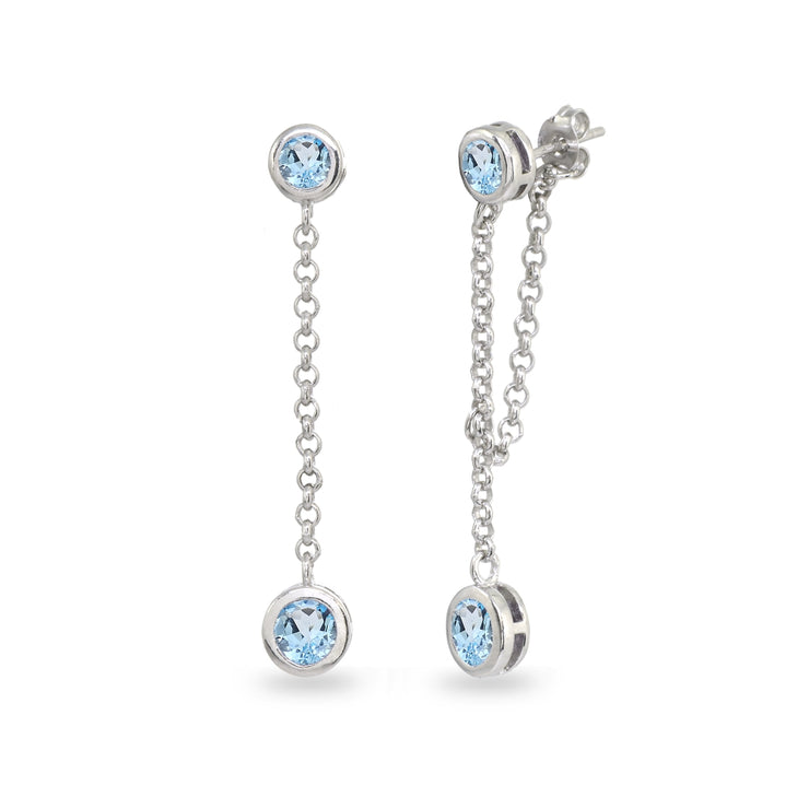 Sterling Silver Blue Topaz Round Two Stone Bezel-Set Chain Drop Dangle Earrings