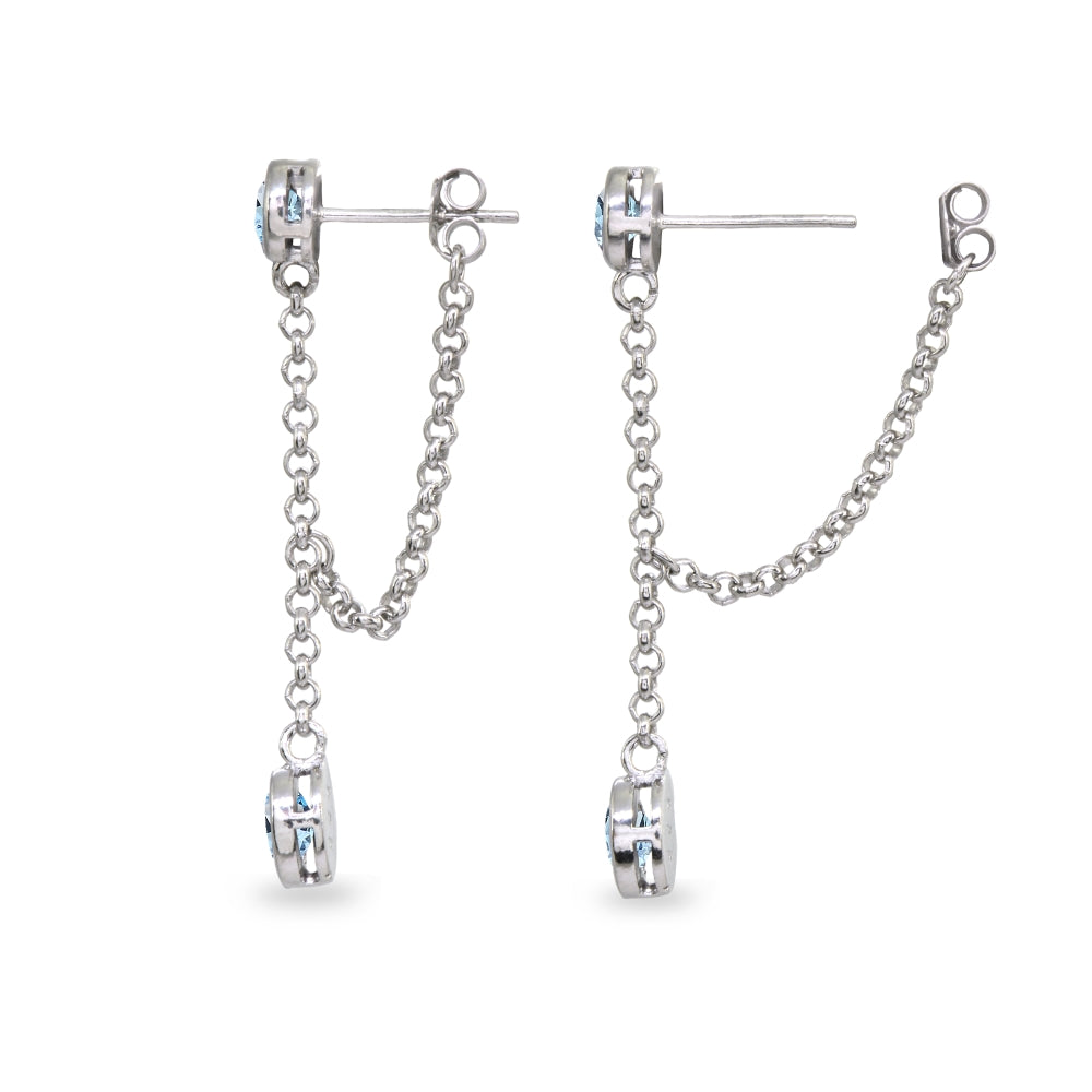 Sterling Silver Blue Topaz Round Two Stone Bezel-Set Chain Drop Dangle Earrings-2