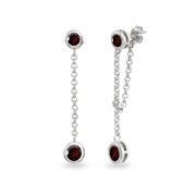 Sterling Silver Garnet Round Two Stone Bezel-Set Chain Drop Dangle Earrings