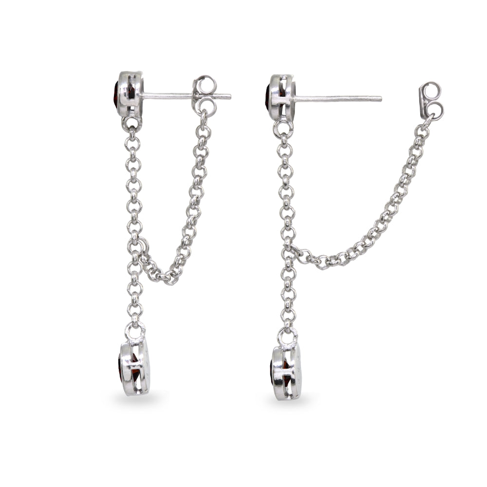 Sterling Silver Garnet Round Two Stone Bezel-Set Chain Drop Dangle Earrings-2