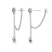 Sterling Silver Garnet Round Two Stone Bezel-Set Chain Drop Dangle Earrings