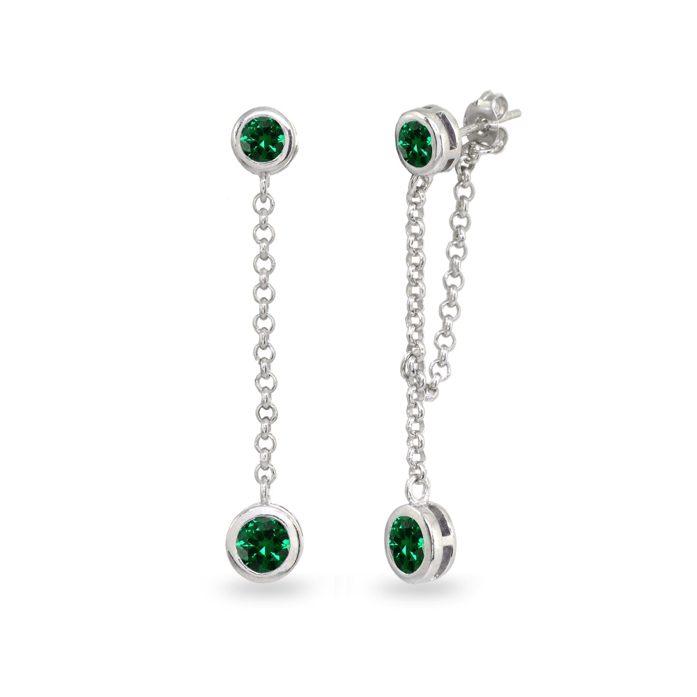 Sterling Silver Created Emerald Round Two Stone Bezel-Set Chain Drop Dangle Earrings