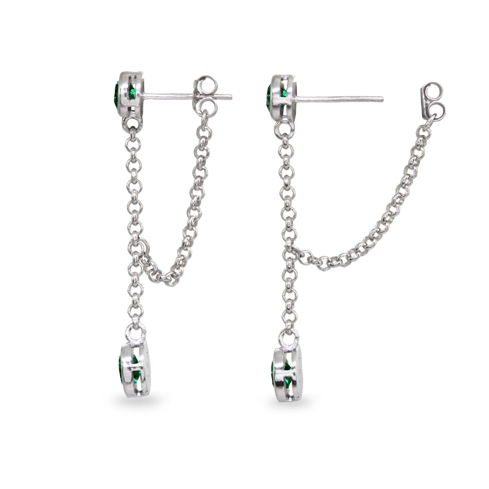 Sterling Silver Created Emerald Round Two Stone Bezel-Set Chain Drop Dangle Earrings-2