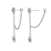 Sterling Silver Created Emerald Round Two Stone Bezel-Set Chain Drop Dangle Earrings