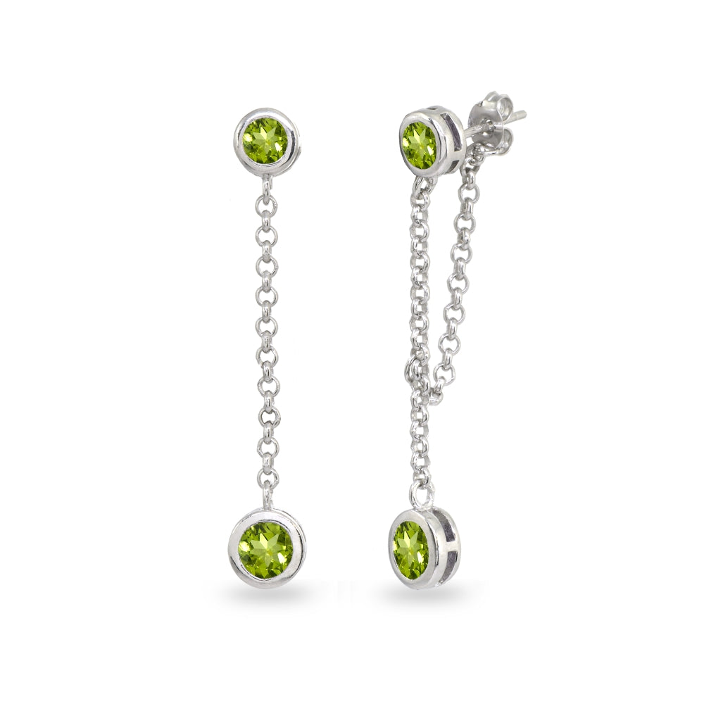 Sterling Silver Peridot Round Two Stone Bezel-Set Chain Drop Dangle Earrings