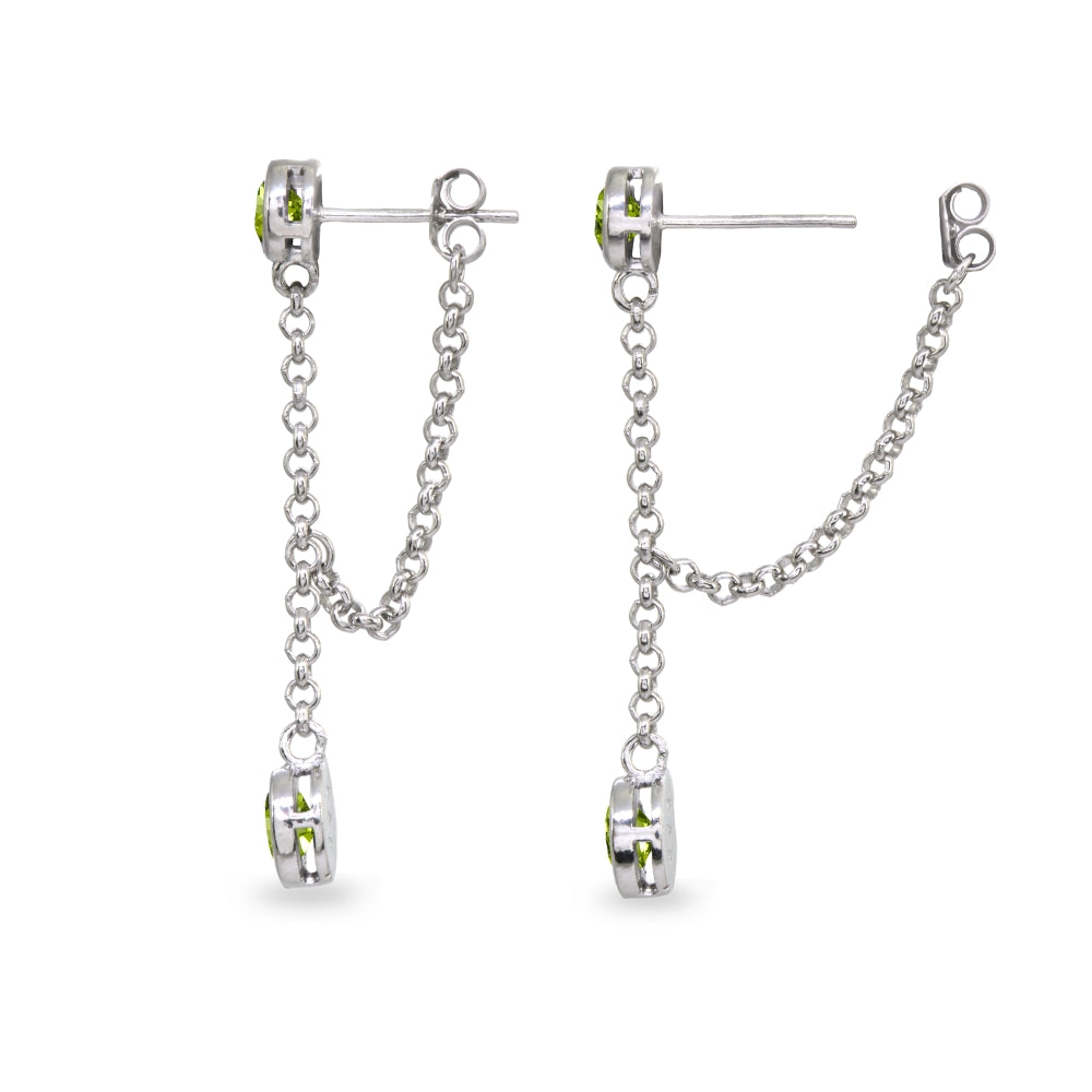 Sterling Silver Peridot Round Two Stone Bezel-Set Chain Drop Dangle Earrings-2