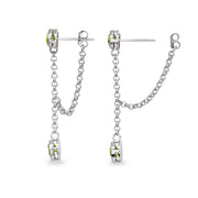 Sterling Silver Peridot Round Two Stone Bezel-Set Chain Drop Dangle Earrings