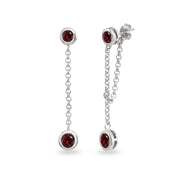 Sterling Silver Created Ruby Round Two Stone Bezel-Set Chain Drop Dangle Earrings