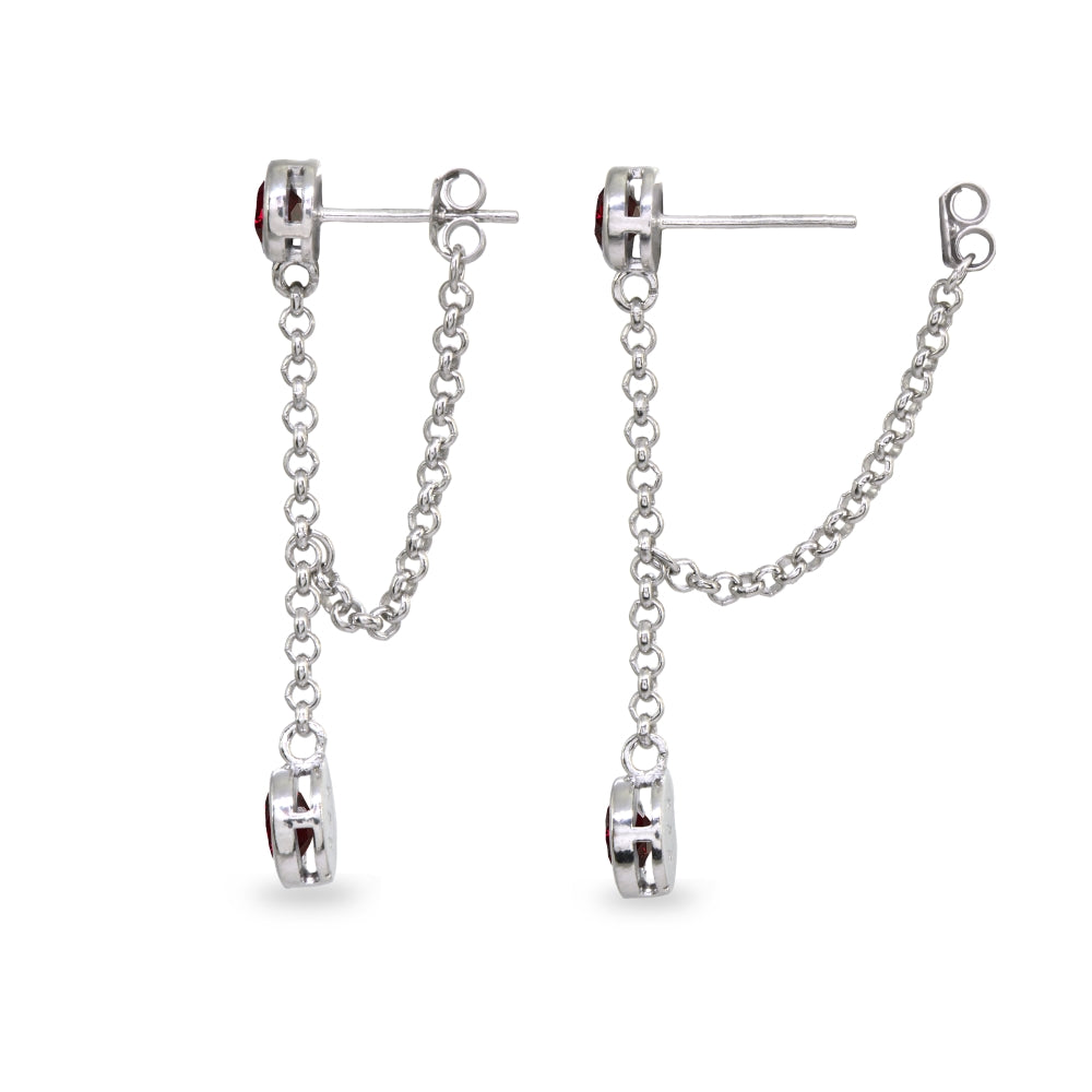Sterling Silver Created Ruby Round Two Stone Bezel-Set Chain Drop Dangle Earrings-2