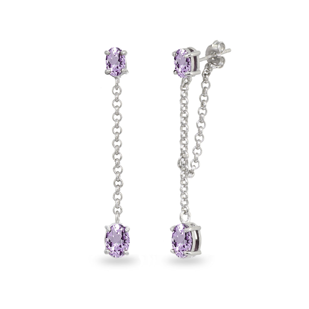 Sterling Silver Amethyst Oval Two Stone Bezel-Set Chain Drop Dangle Earrings