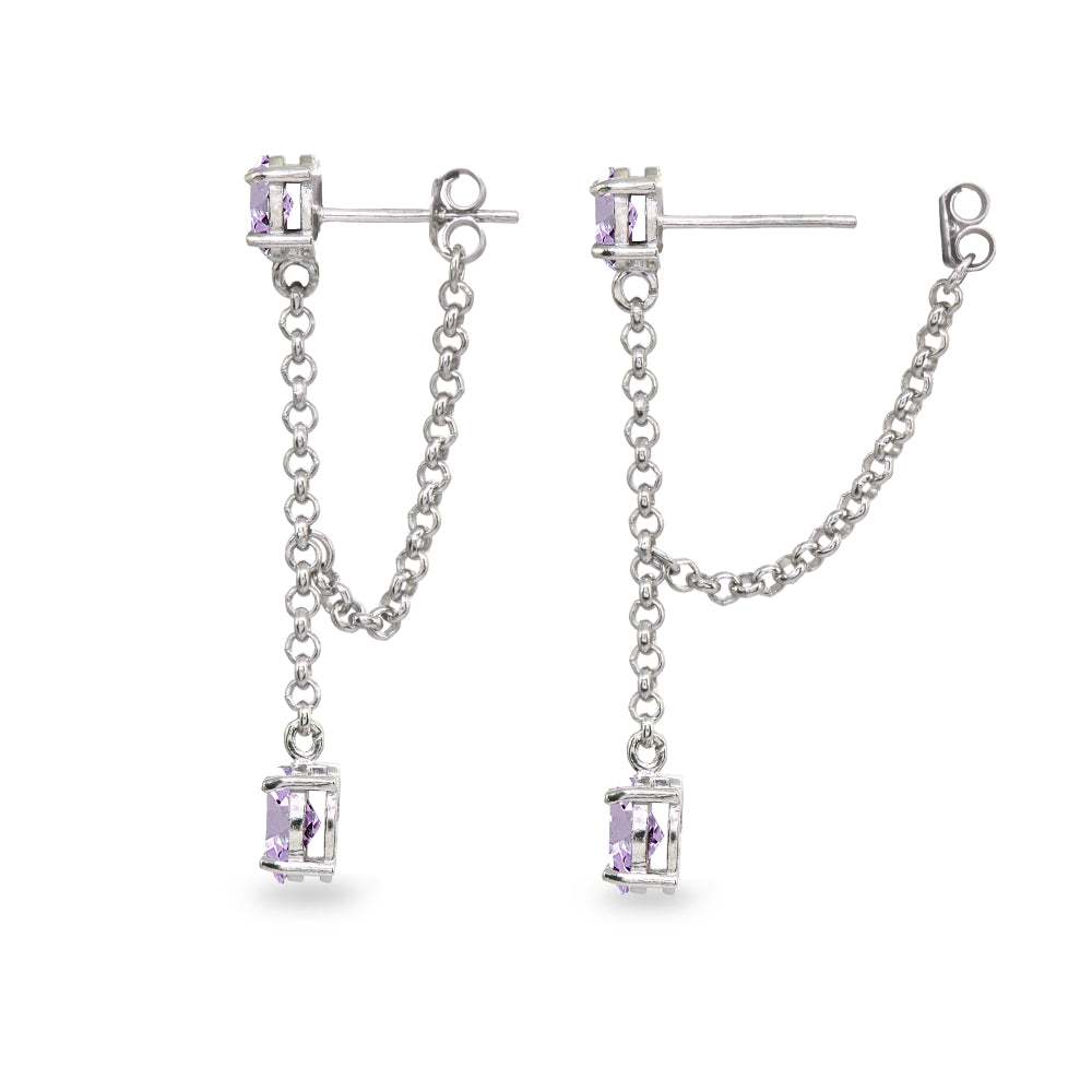 Sterling Silver Amethyst Oval Two Stone Bezel-Set Chain Drop Dangle Earrings-2