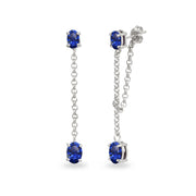Sterling Silver Created Blue Sapphire Oval Two Stone Bezel-Set Chain Drop Dangle Earrings