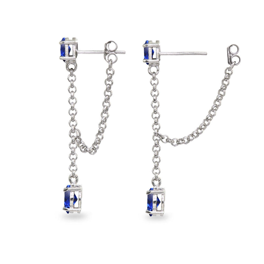 Sterling Silver Created Blue Sapphire Oval Two Stone Bezel-Set Chain Drop Dangle Earrings-2