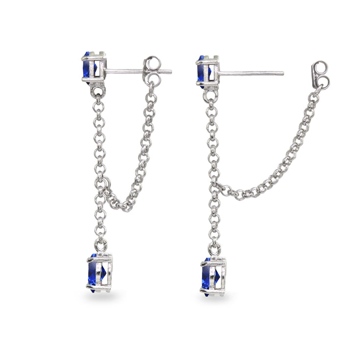 Sterling Silver Created Blue Sapphire Oval Two Stone Bezel-Set Chain Drop Dangle Earrings