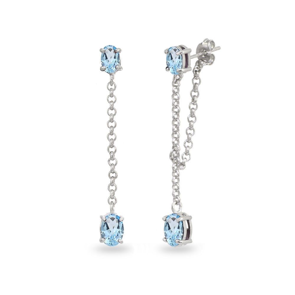 Sterling Silver Blue Topaz Oval Two Stone Bezel-Set Chain Drop Dangle Earrings