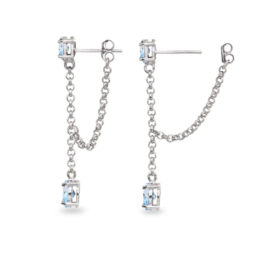 Sterling Silver Blue Topaz Oval Two Stone Bezel-Set Chain Drop Dangle Earrings-2