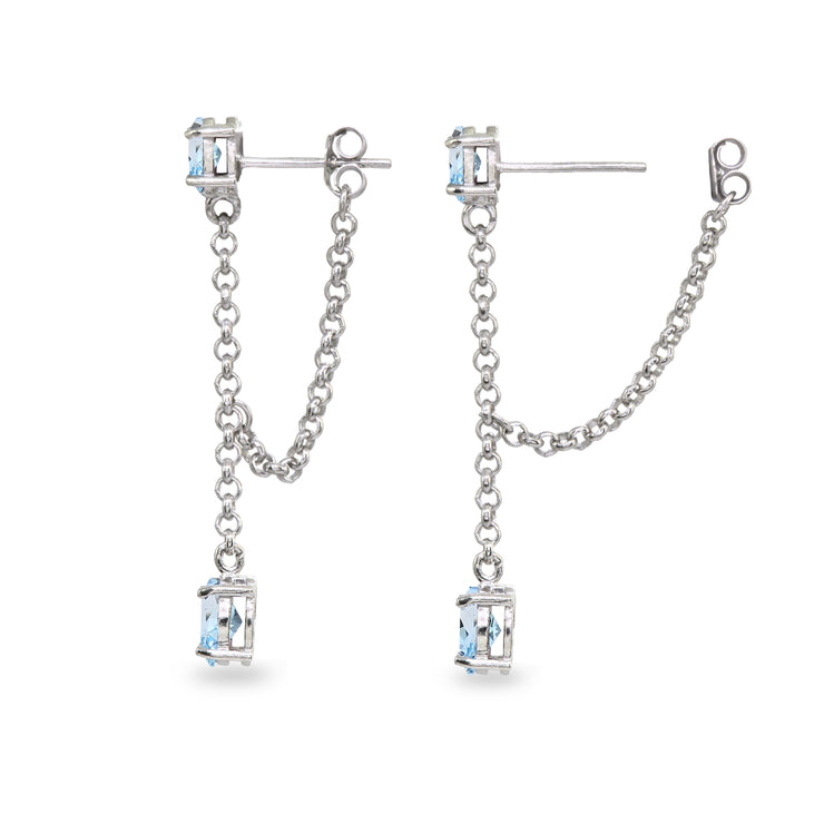 Sterling Silver Blue Topaz Oval Two Stone Bezel-Set Chain Drop Dangle Earrings