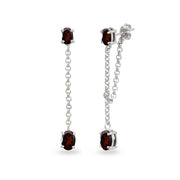 Sterling Silver Garnet Oval Two Stone Bezel-Set Chain Drop Dangle Earrings
