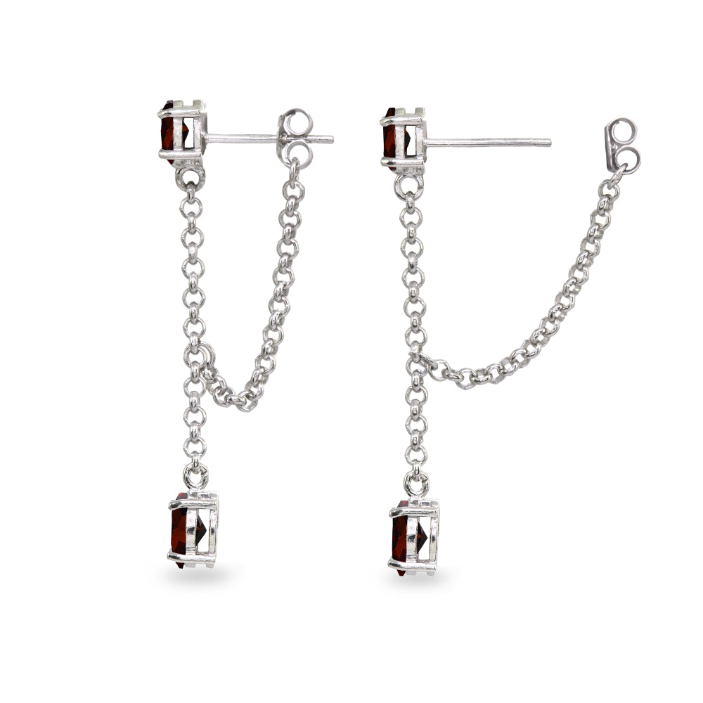 Sterling Silver Garnet Oval Two Stone Bezel-Set Chain Drop Dangle Earrings-2