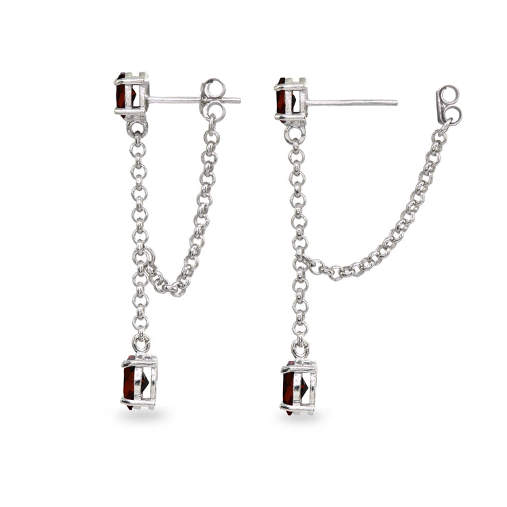 Sterling Silver Garnet Oval Two Stone Bezel-Set Chain Drop Dangle Earrings