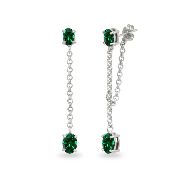 Sterling Silver Created Emerald Oval Two Stone Bezel-Set Chain Drop Dangle Earrings