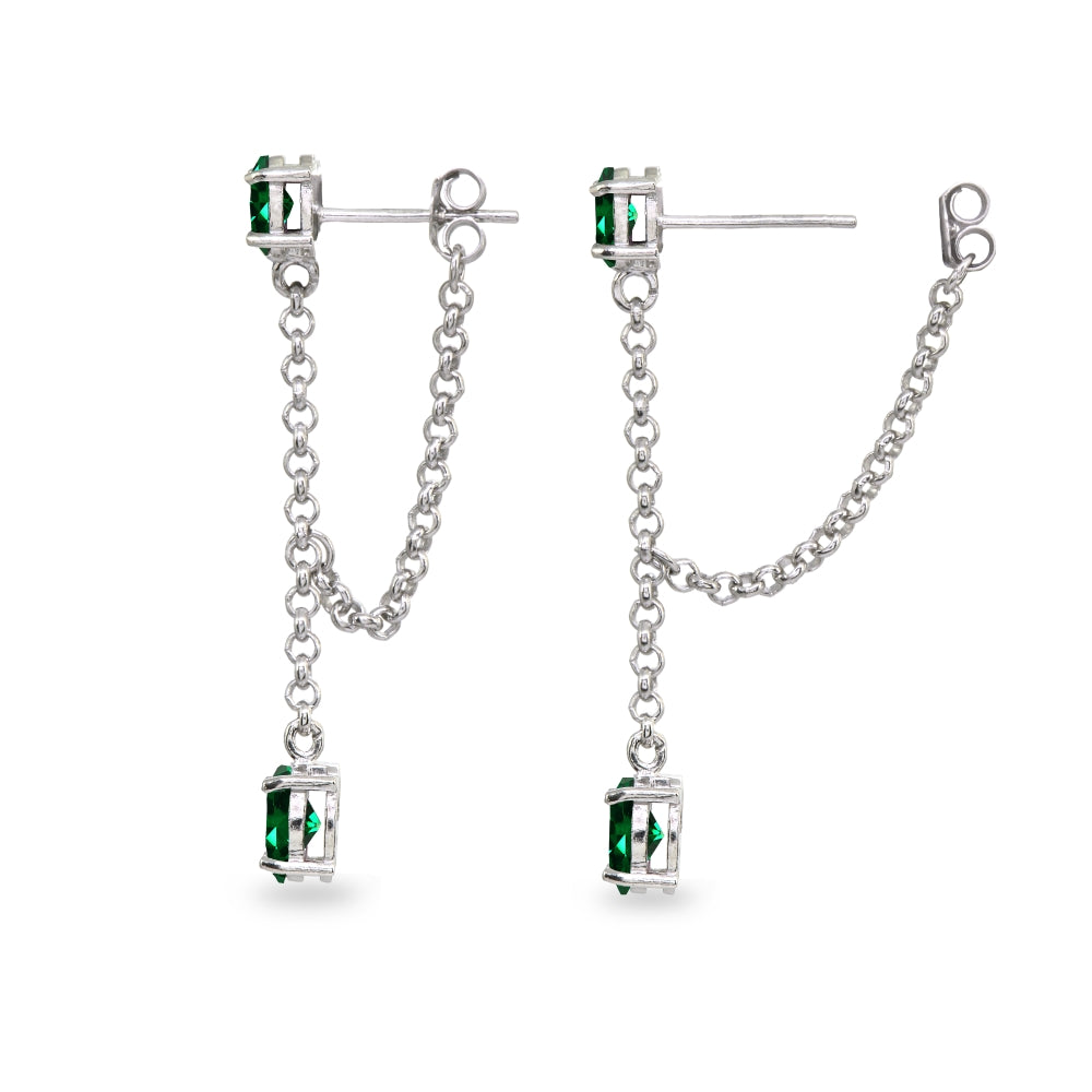 Sterling Silver Created Emerald Oval Two Stone Bezel-Set Chain Drop Dangle Earrings-2