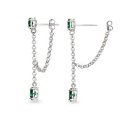 Sterling Silver Created Emerald Oval Two Stone Bezel-Set Chain Drop Dangle Earrings