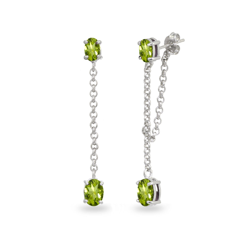 Sterling Silver Peridot Oval Two Stone Bezel-Set Chain Drop Dangle Earrings