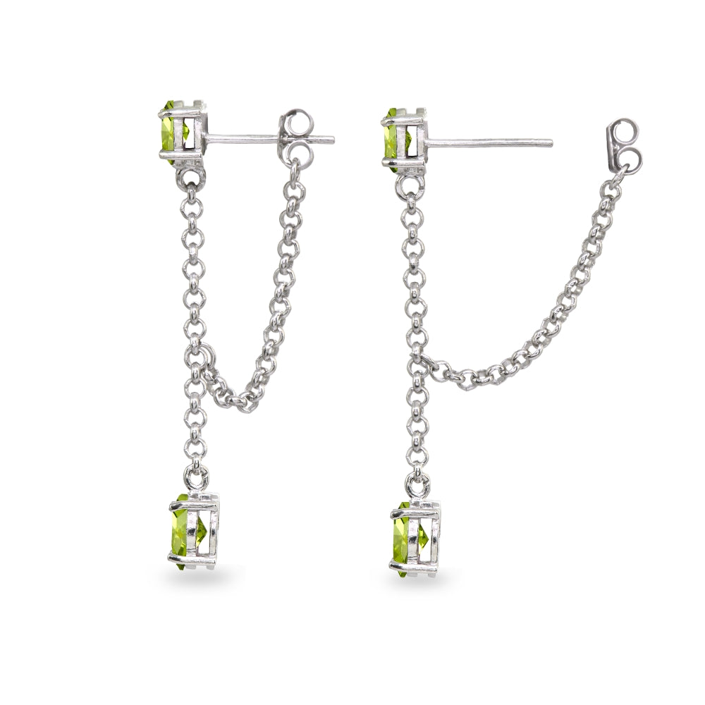 Sterling Silver Peridot Oval Two Stone Bezel-Set Chain Drop Dangle Earrings-2