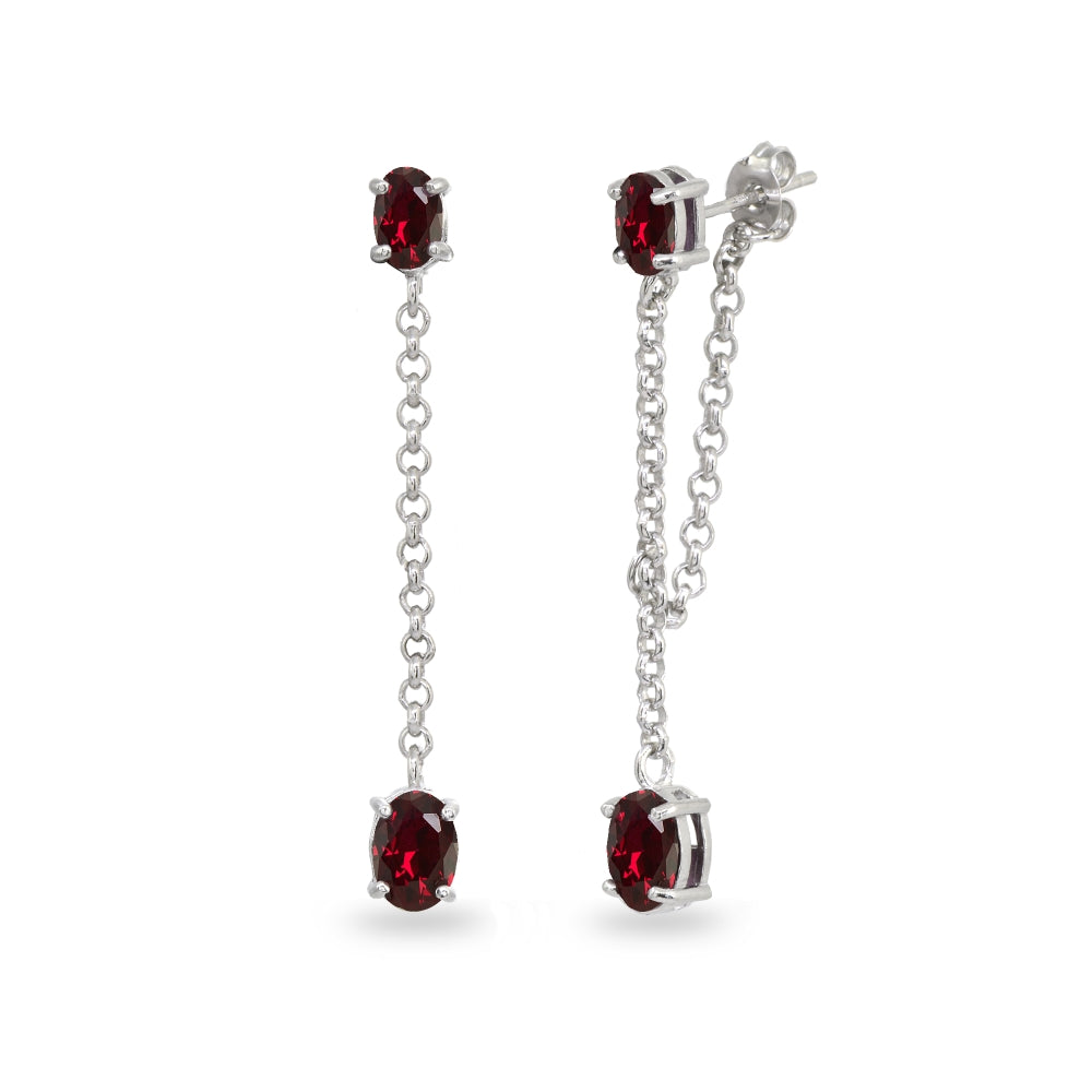 Sterling Silver Created Ruby Oval Two Stone Bezel-Set Chain Drop Dangle Earrings