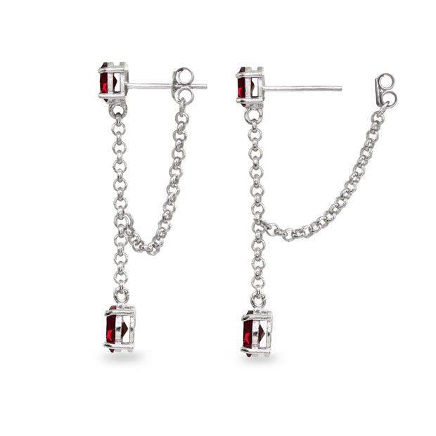 Sterling Silver Created Ruby Oval Two Stone Bezel-Set Chain Drop Dangle Earrings