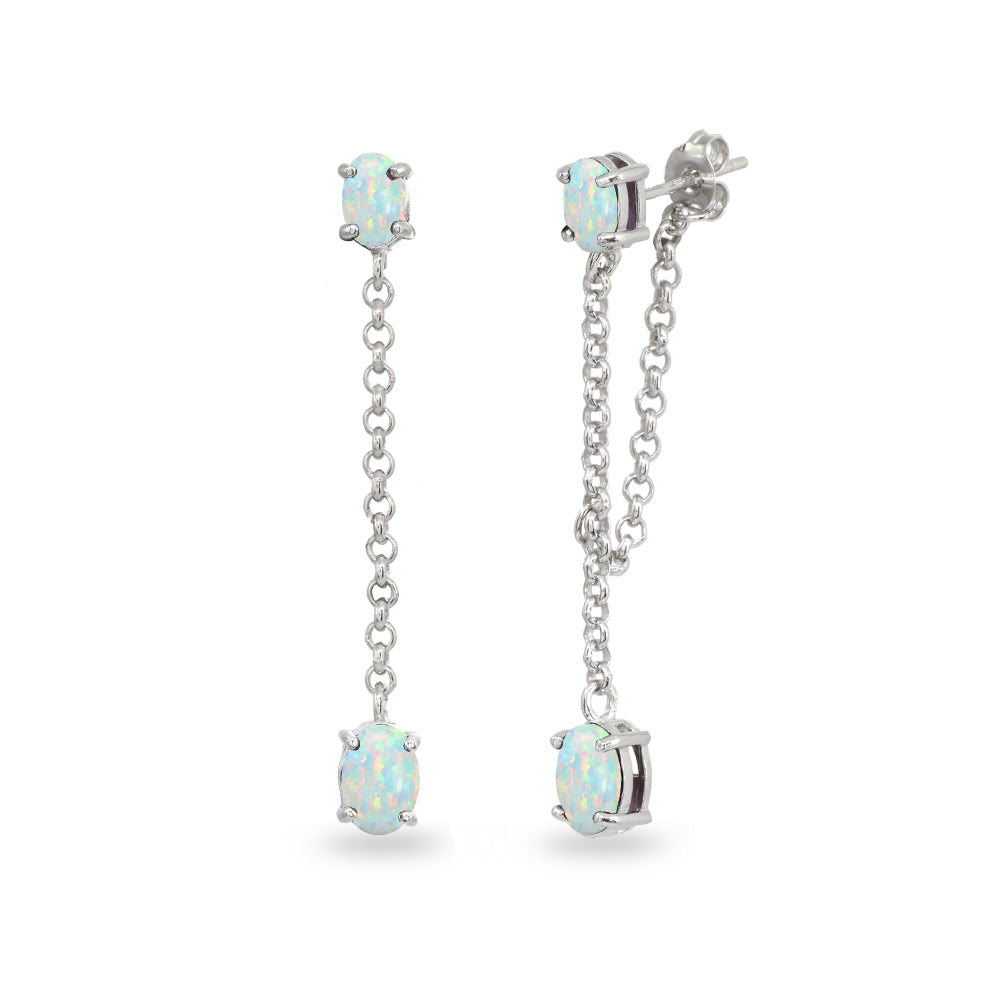 Sterling Silver Created White Opal Oval Two Stone Bezel-Set Chain Drop Dangle Earrings