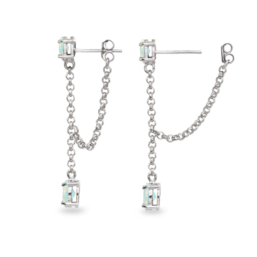 Sterling Silver Created White Opal Oval Two Stone Bezel-Set Chain Drop Dangle Earrings-2