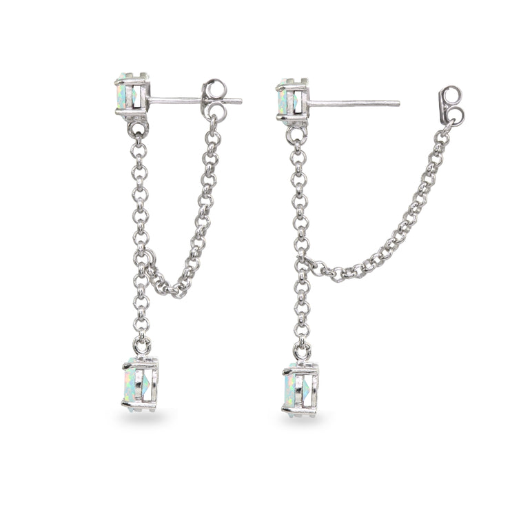 Sterling Silver Created White Opal Oval Two Stone Bezel-Set Chain Drop Dangle Earrings