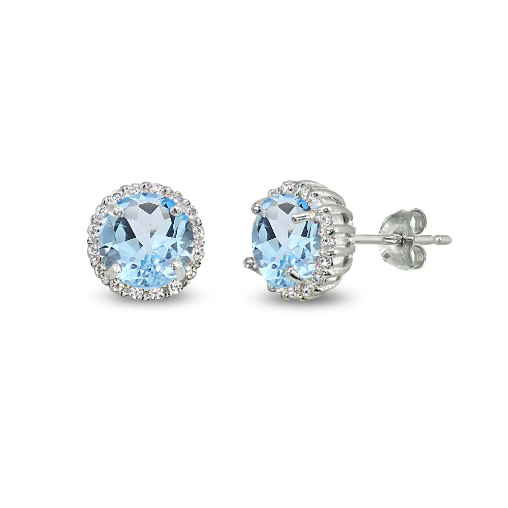 Sterling Silver Blue Topaz & Cubic Zirconia 6mm Round-cut Halo Stud Earrings