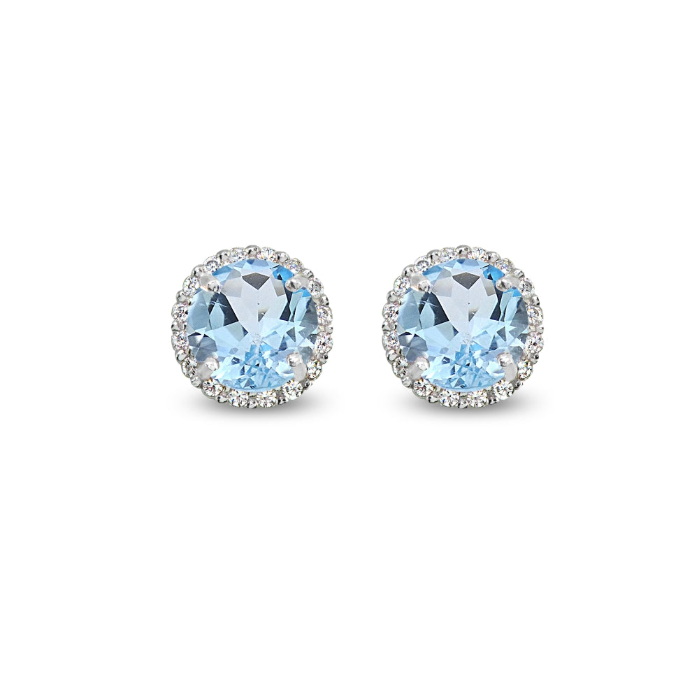Sterling Silver Blue Topaz & Cubic Zirconia 6mm Round-cut Halo Stud Earrings-2