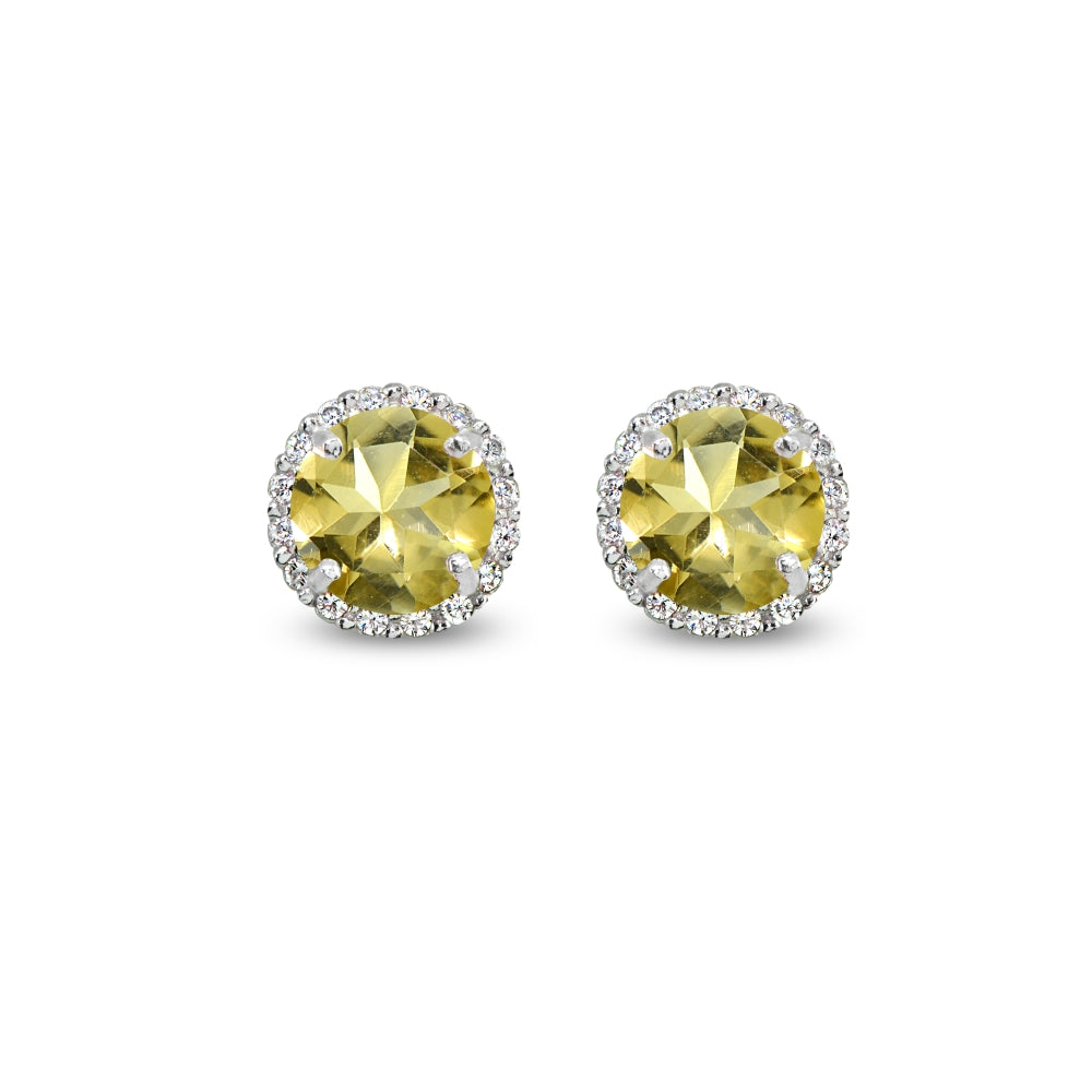 Sterling Silver Citrine & Cubic Zirconia 6mm Round-cut Halo Stud Earrings-2
