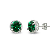 Sterling Silver Simulated Emerald & Cubic Zirconia 6mm Round-cut Halo Stud Earrings